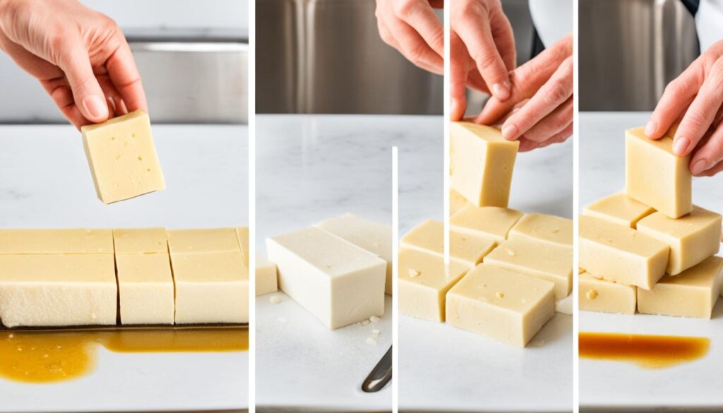 Pressvorgang bei Tofu für die Marinade
